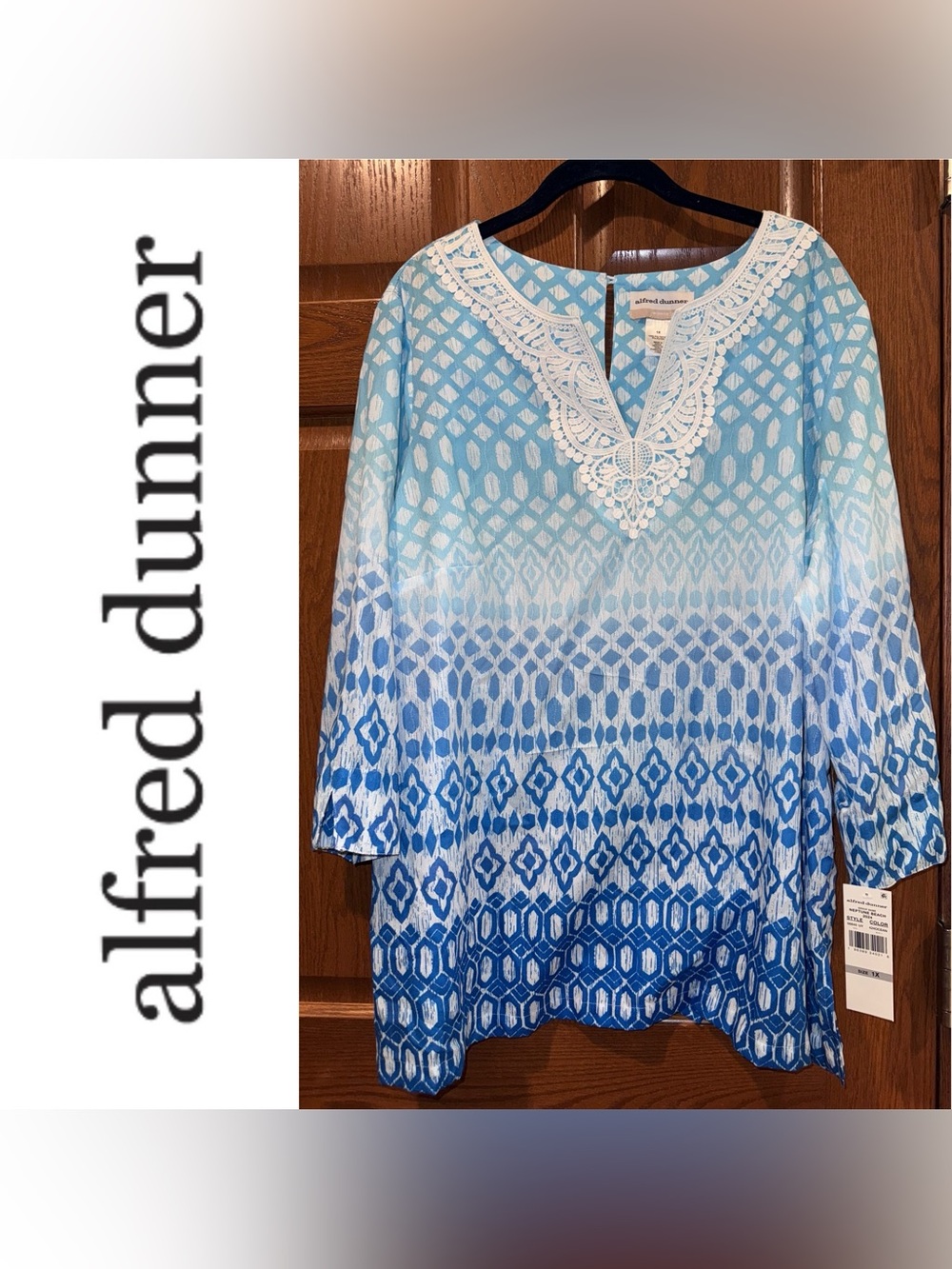 NWT Alfred Dunner Woman 1X Neptune Beach Ombre Ikat Diamond Woven Top